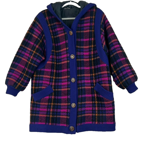 Yves Saint Laurent Coat Jacket Rive Gauche Tartan Lambswool Purple Wood Button - Picture 1 of 14